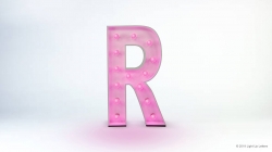 A pink, illuminated letter "R" with a glossy finish, standing on a white background.