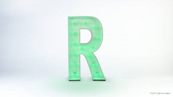 A large, illuminated letter "R" with green lights against a light background.