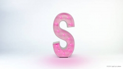 Illuminated pink letter "S" with round lights on a plain background.