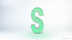 A green, illuminated letter "S" with a metallic border stands against a light background.