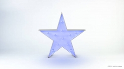 A blue star-shaped light with bulbs along its edges stands against a plain white background.