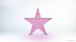 A pink star-shaped light fixture with bulbs on each point, standing against a simple white background.