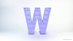 Illuminated letter "W" with purple lighting against a plain white background.
