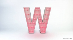 A large, illuminated letter "W" with pink lights on a white background.