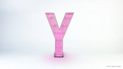 A large, lighted letter "Y" with pink bulbs, set against a plain white background.