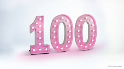 Large pink and white 3D "100" with illuminated dots against a light background.