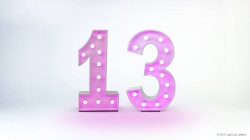 Pink marquee light numbers "13" with lit bulbs, on a white background.