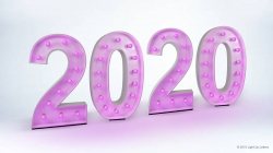 Pink, illuminated numbers displaying "2020" against a light background.