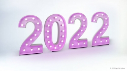 The numbers "2022" are displayed in large, illuminated pink letters with a metallic finish against a plain background.