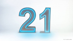 The image shows a blue neon number 21 against a white background.