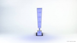 Tall, narrow structure with five illuminated orbs in a vertical line on a base, set against a white background.