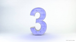 A three-dimensional numeral "3" with illuminated dots, glowing in a blue hue, set against a light background.
