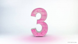 A pink number three with small bulbs on a white background.
