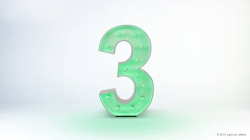A large, illuminated number 3 with green lights is centered on a plain white background.