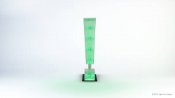 Tall, narrow green sculpture with five small, circular protrusions on a white base against a plain background.
