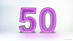The number 50 is displayed in large pink neon style on a white background.