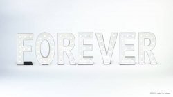The word "FOREVER" in large, decorative white letters with lightbulbs, displayed against a plain background.