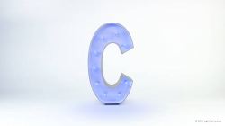 A lit marquee letter "C" with a blue hue stands against a plain white background.