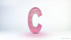 The image shows a large, illuminated pink letter "C" with small round lights, set against a white background.