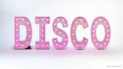 The word "DISCO" is displayed in large, pink marquee letters with lights on a white background.
