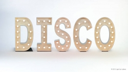 Light-up letters spelling "DISCO" against a plain background.