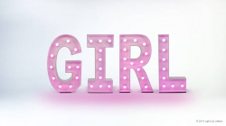 The word "GIRL" is displayed in pink block letters with illuminated dots on a plain background.