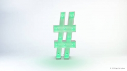 A green LED-lit hashtag symbol on a white background.