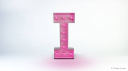Capital letter "I" made of translucent material with embedded pink lights on a plain background.