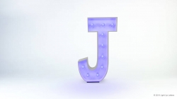 A 3D letter "J" with lights is illuminated in purple against a white background.