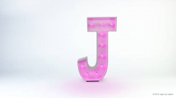 A white, block-style letter "J" with pink lights inside, standing upright against a plain white background.