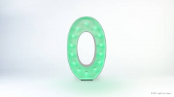 A large, green, illuminated numeral zero on a white background.