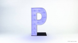 Illuminated letter "P" with small lights on a white background.