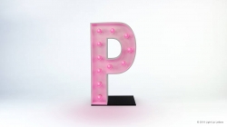 A pink marquee letter "P" with lights on a black base against a white background.