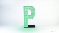 A green, illuminated letter "P" with light bulbs on a plain background.