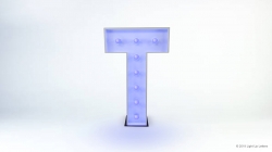 A large, illuminated letter "T" with a white and blue glow, standing against a plain white background.