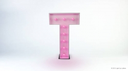 A pink marquee letter "T" with light bulbs, standing on a small base, set against a plain white background.