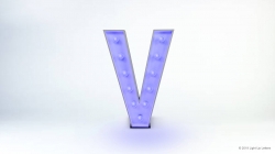 The image shows a large letter "V" illuminated with purple lights, set against a plain white background.