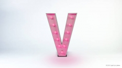 Illuminated letter "V" with pink lights on a light background.