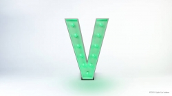 A green, illuminated letter "V" with round lights, set against a white background.